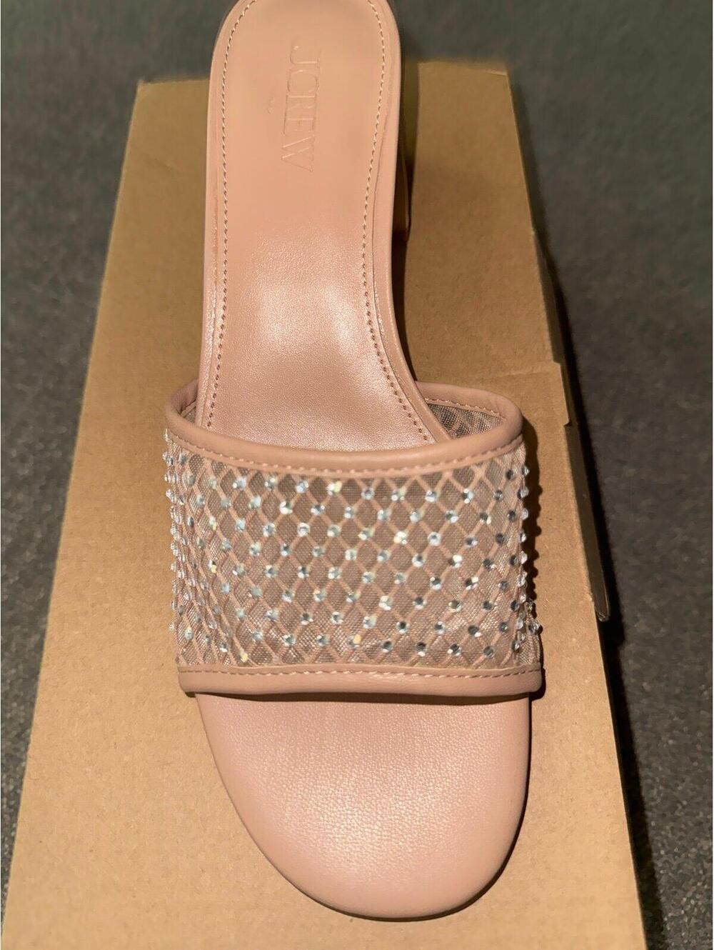 J.Crew‎ Rhinestone Mesh Mule Heels Nude Pink Slide Sandals Women’s Size 8.5 NIB